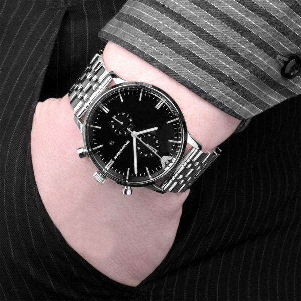  Shop Authentic Emporio Armani Chronograph Black Dial Silver Steel Strap Watch For Men - AR0389 - Luxxuri