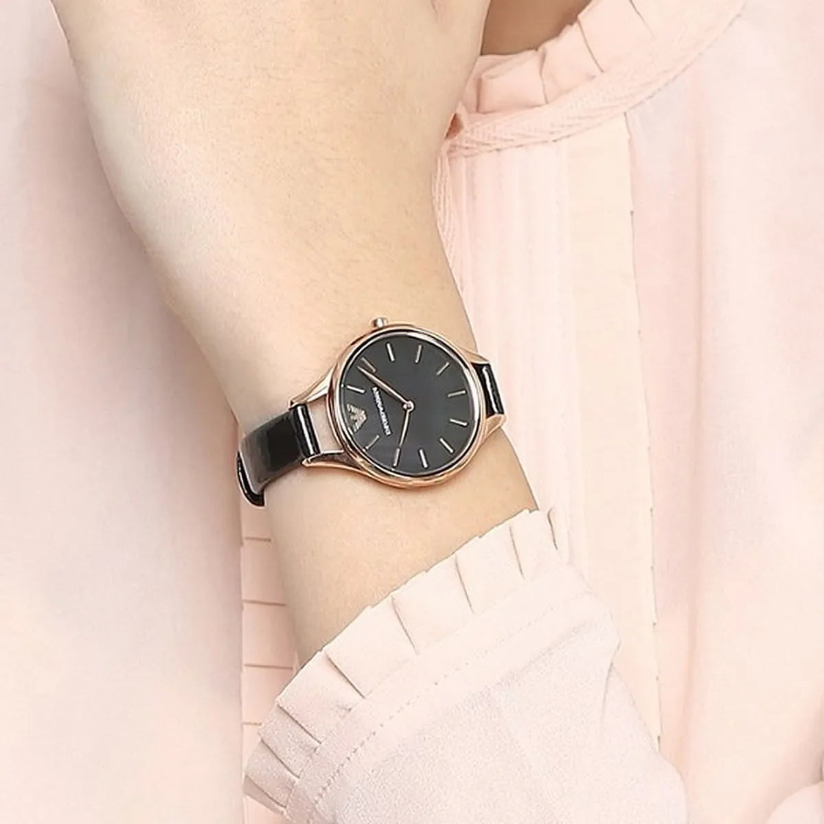  Shop Authentic Emporio Armani Aurora Mother Of Pearl Black Dial Black Leather Strap Watch For Women - AR11056 - Luxxuri