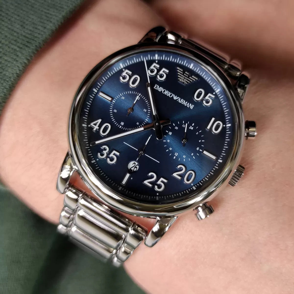  Shop Authentic Emporio Armani Luigi Chronograph Blue Dial Silver Steel Strap Watch For Men - AR11132 - Luxxuri