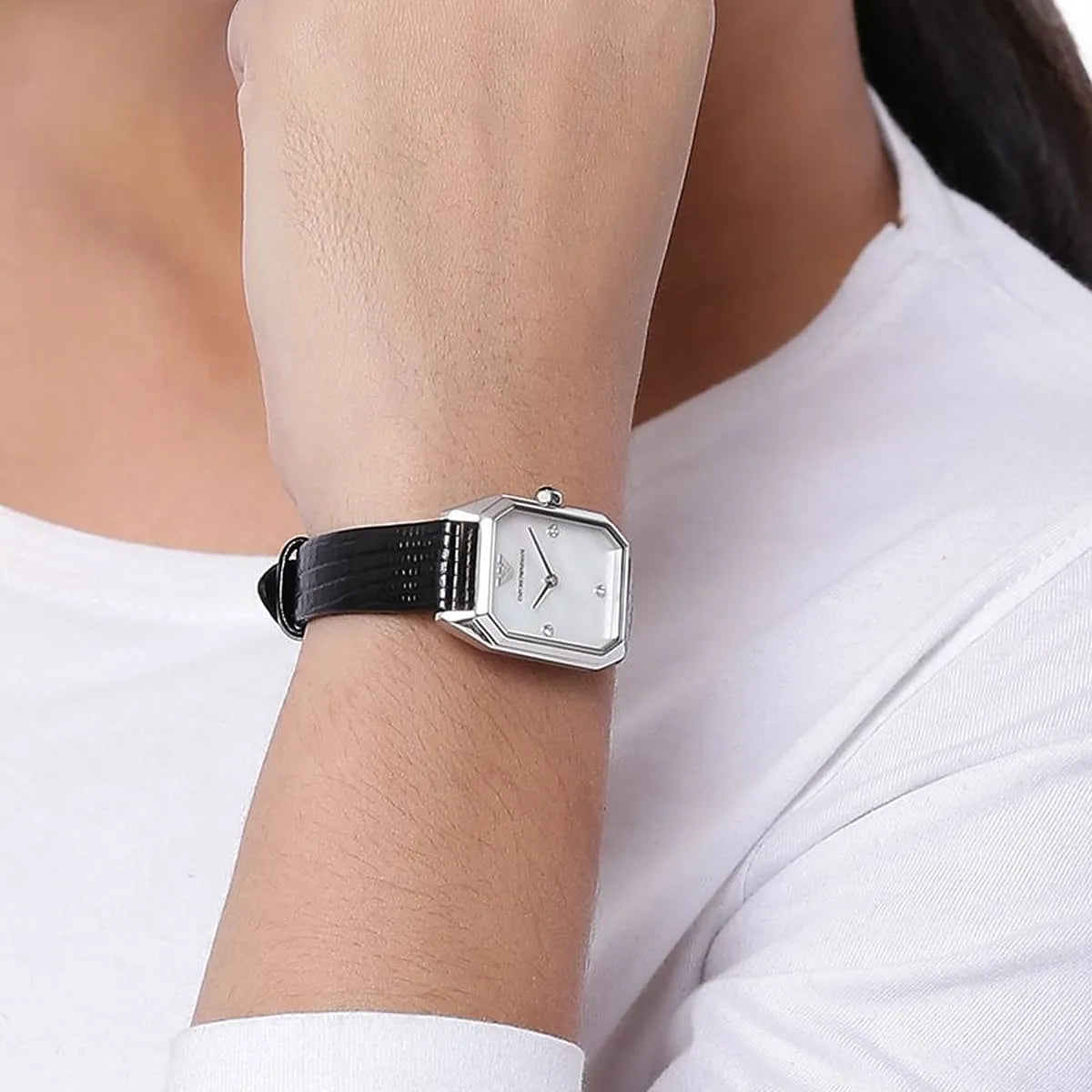  Shop Authentic Emporio Armani Gioia Analog Mother of Pearl Dial Black Leather Strap Watch For Women - AR11148 - Luxxuri