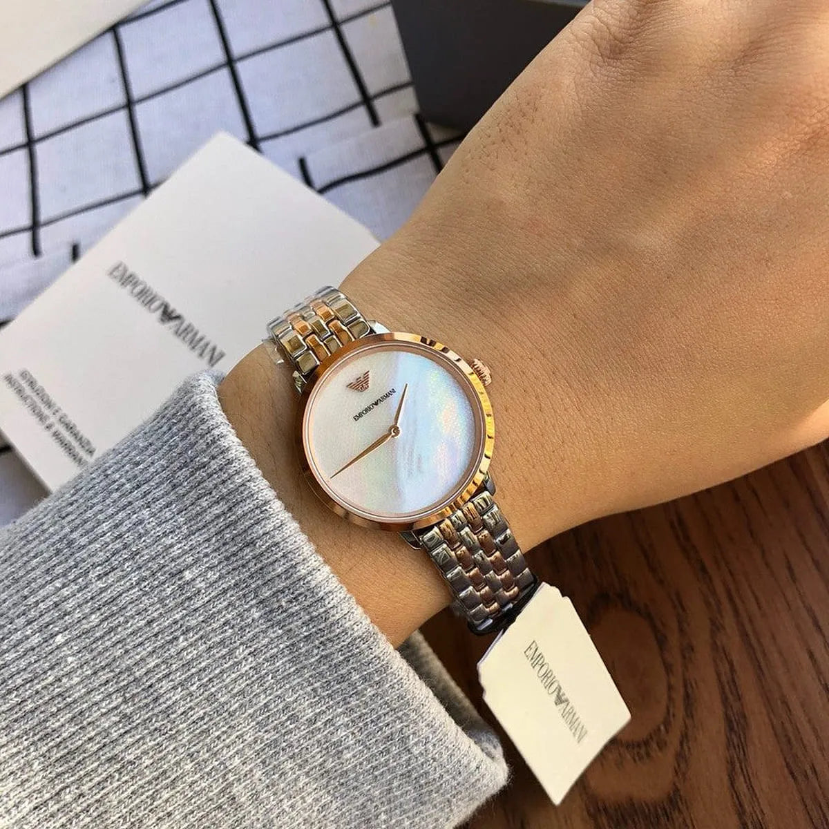  Shop Authentic Emporio Armani Modern Slim Analog Mother of Pearl Dial Two Tone Steel Strap Watch For Women - AR11157 - Luxxuri