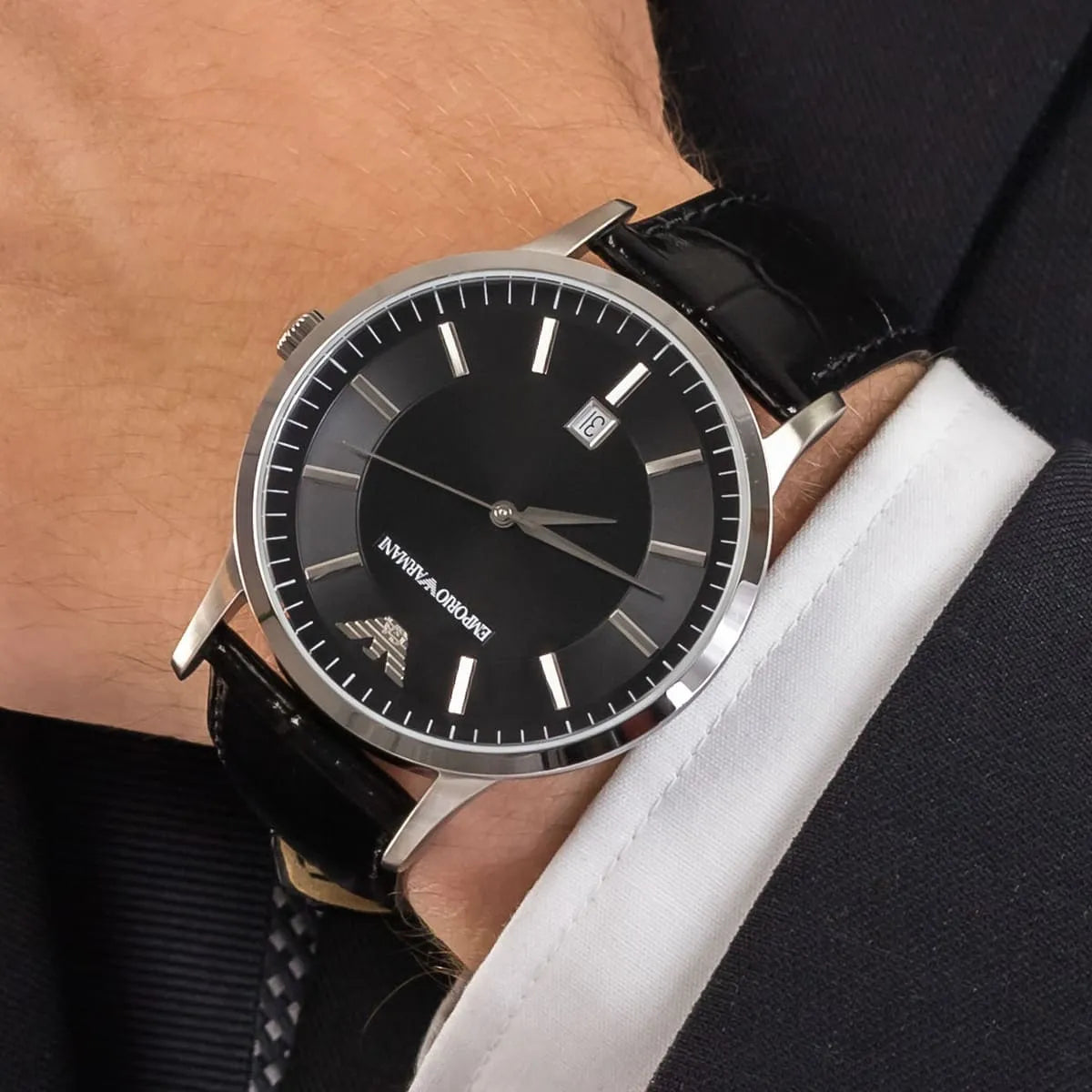  Shop Authentic Emporio Armani Renato Analog Black Dial Black Leather Strap Watch For Men - AR11186 - Luxxuri