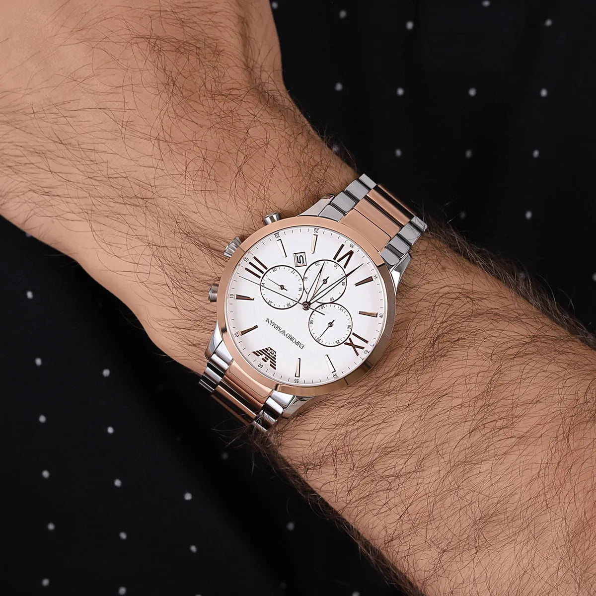  Shop Authentic Emporio Armani Giovanni Chronograph Quartz White Dial Two Tone Steel Strap Watch For Men - AR11209 - Luxxuri