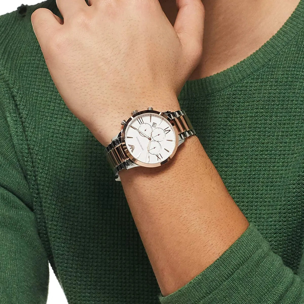  Shop Authentic Emporio Armani Giovanni Chronograph Quartz White Dial Two Tone Steel Strap Watch For Men - AR11209 - Luxxuri