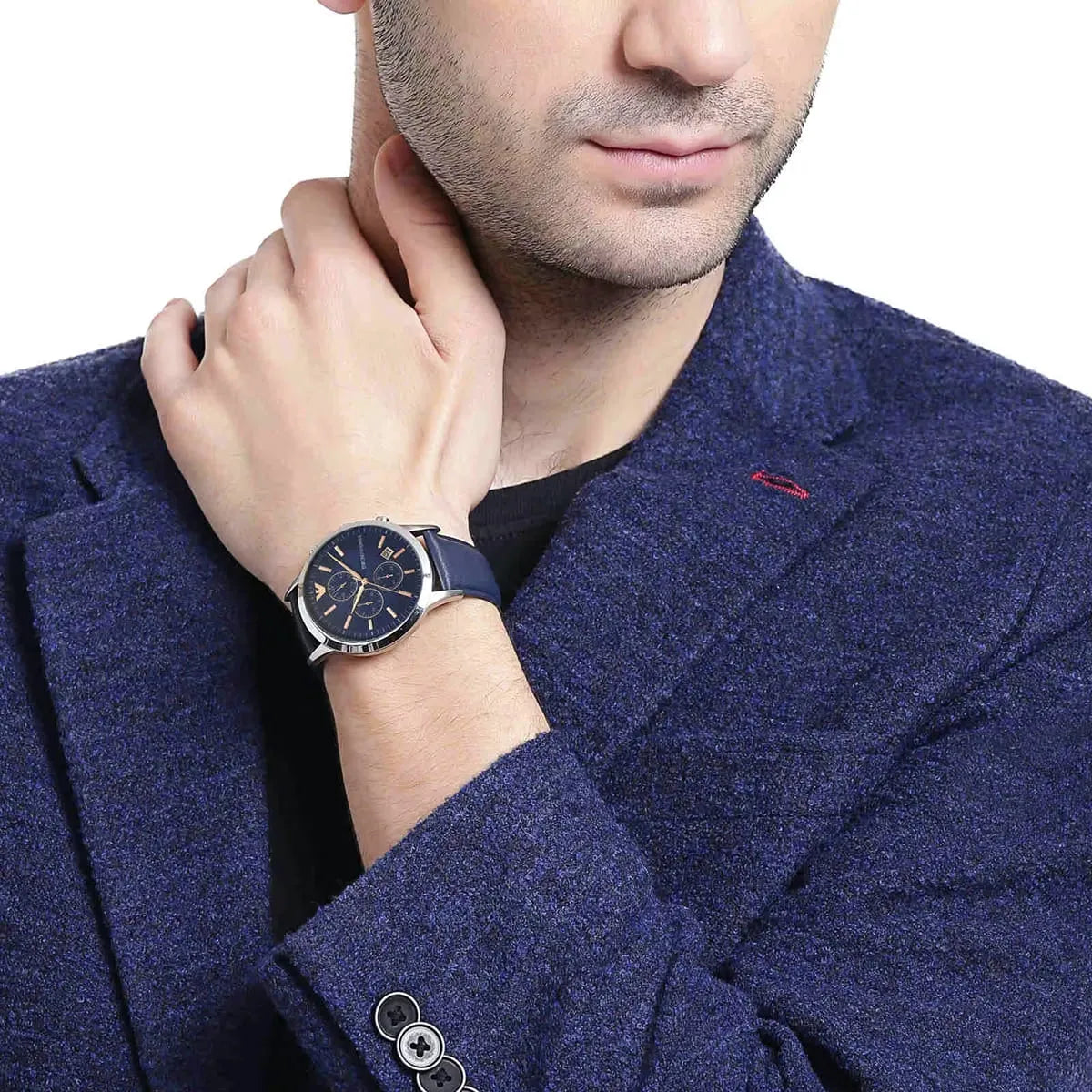  Shop Authentic Emporio Armani Renato Chronograph Blue Dial Black Leather Strap Watch For Men - AR11216 - Luxxuri