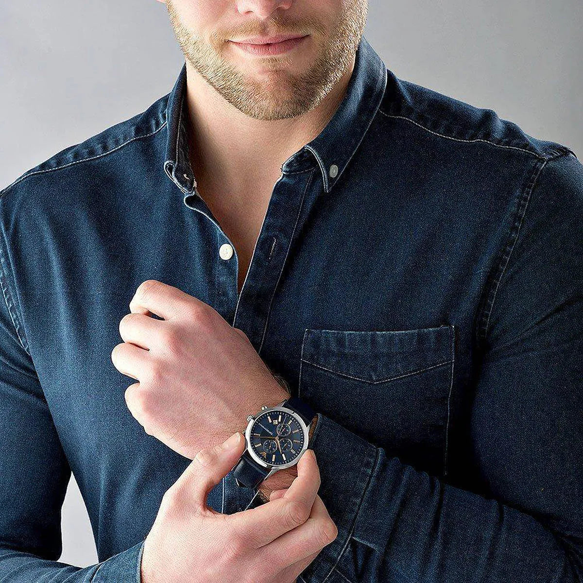  Shop Authentic Emporio Armani Renato Chronograph Blue Dial Black Leather Strap Watch For Men - AR11216 - Luxxuri