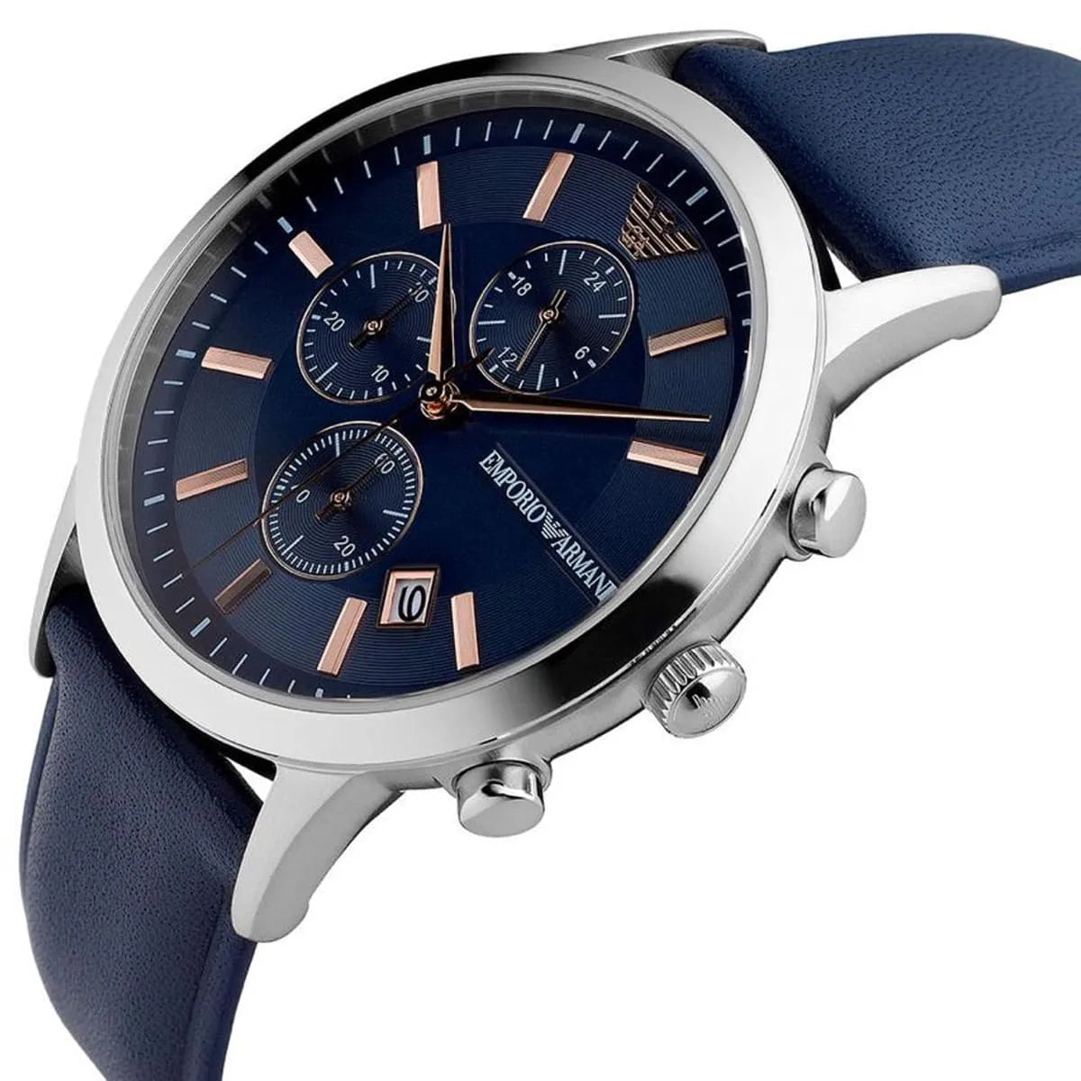  Shop Authentic Emporio Armani Renato Chronograph Blue Dial Black Leather Strap Watch For Men - AR11216 - Luxxuri
