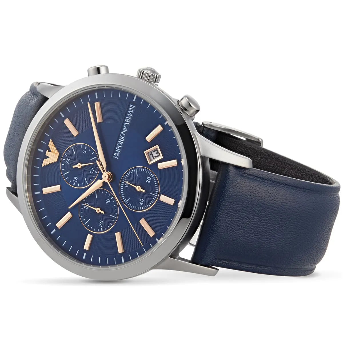  Shop Authentic Emporio Armani Renato Chronograph Blue Dial Black Leather Strap Watch For Men - AR11216 - Luxxuri