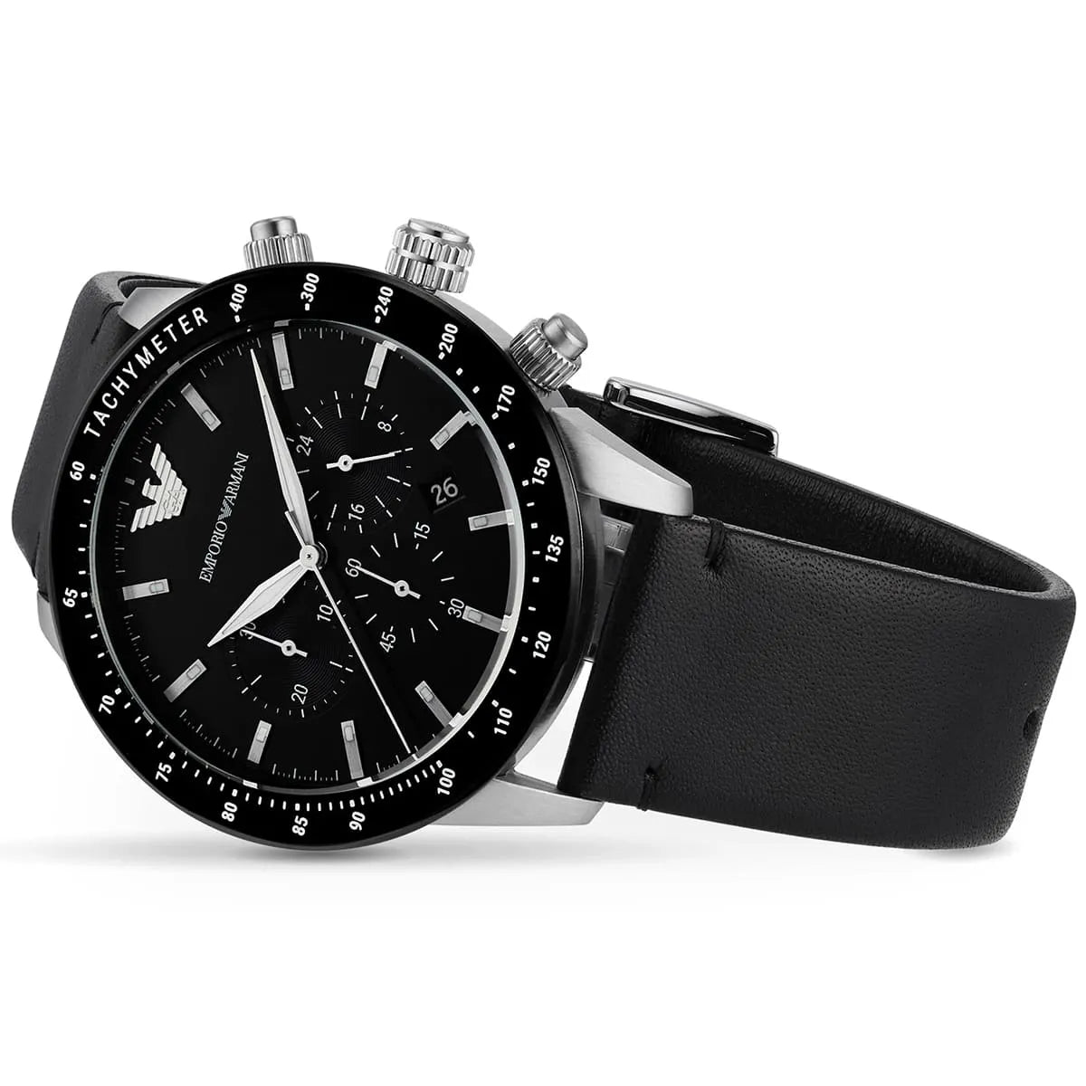  Shop Authentic Emporio Armani Mario Chronograph Black Dial Black Leather Strap Watch For Men - AR11243 - Luxxuri