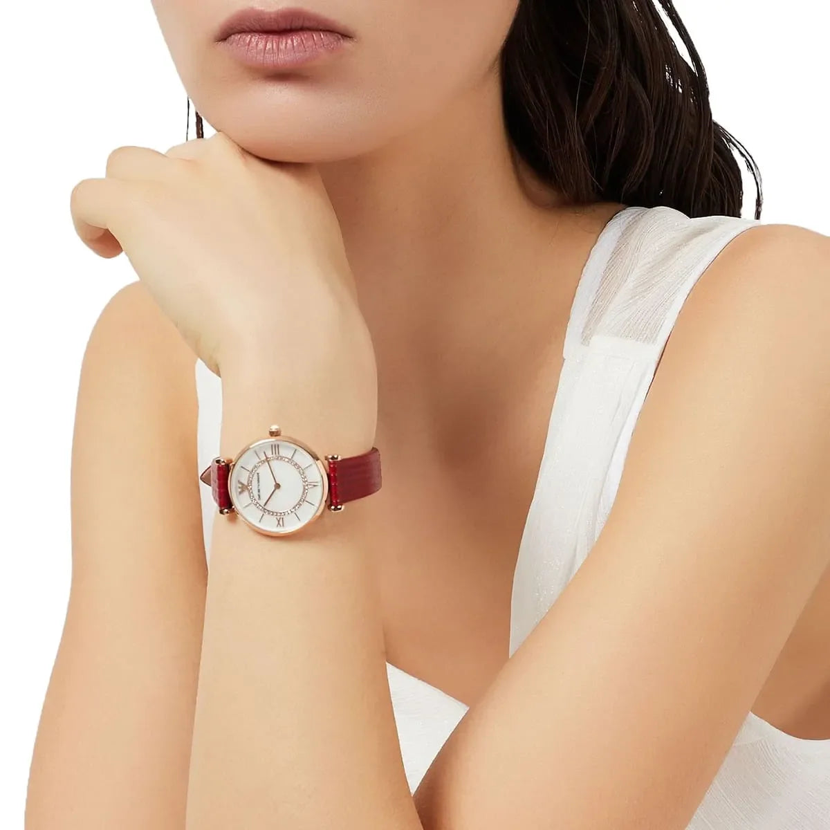  Shop Authentic Emporio Armani Gianni T-Bar Analog Mother of Pearl Dial Red Leather Strap Watch For Women - AR11322 - Luxxuri