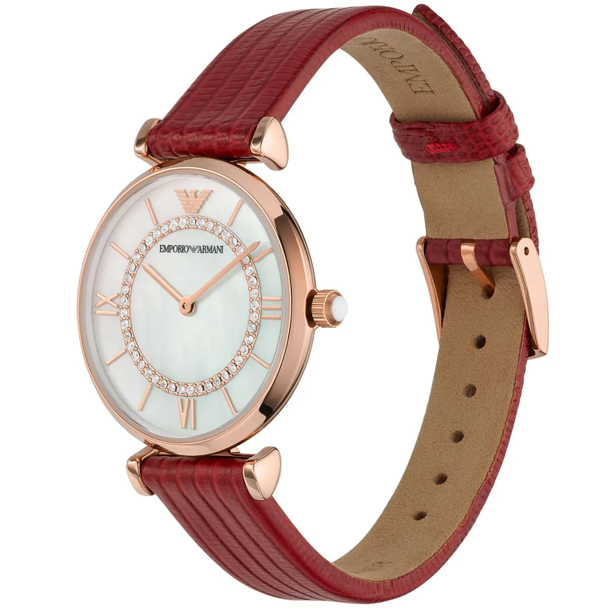  Shop Authentic Emporio Armani Gianni T-Bar Analog Mother of Pearl Dial Red Leather Strap Watch For Women - AR11322 - Luxxuri