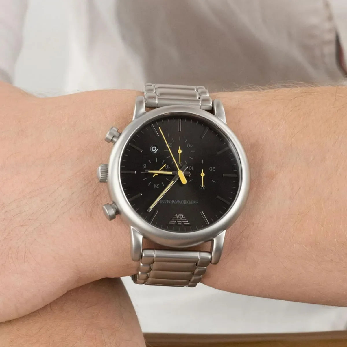  Shop Authentic Emporio Armani Luigi Chronograph Black Dial Silver Steel Strap Watch For Men - AR11324 - Luxxuri