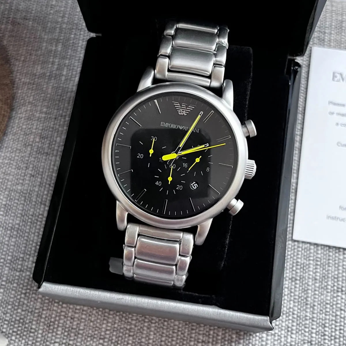  Shop Authentic Emporio Armani Luigi Chronograph Black Dial Silver Steel Strap Watch For Men - AR11324 - Luxxuri