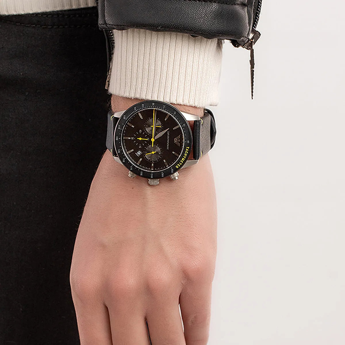  Shop Authentic Emporio Armani Mario Chronograph Black Dial Black Leather Strap Watch For Men - AR11325 - Luxxuri