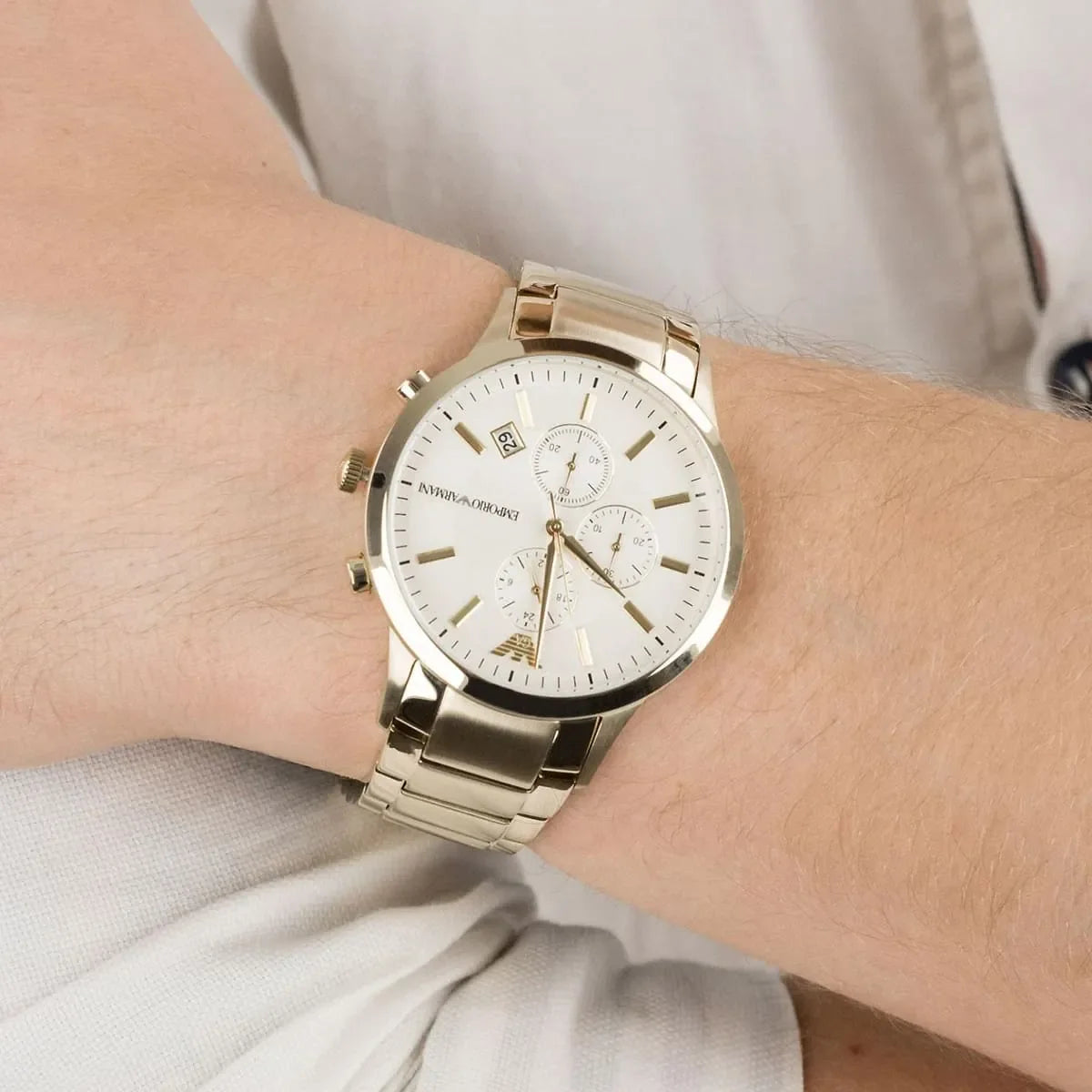  Shop Authentic Emporio Armani Renato Chronograph White Dial Gold Steel Strap Watch For Men - AR11332 - Luxxuri