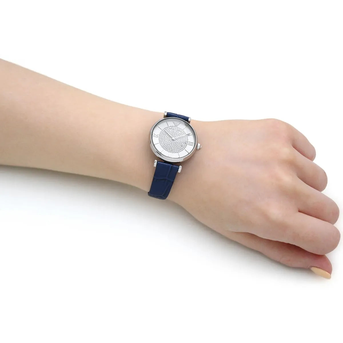  Shop Authentic Emporio Armani Gianni T Bar Quartz Crystals Silver Dial Blue Leather Strap Watch For Women - AR11344 - Luxxuri