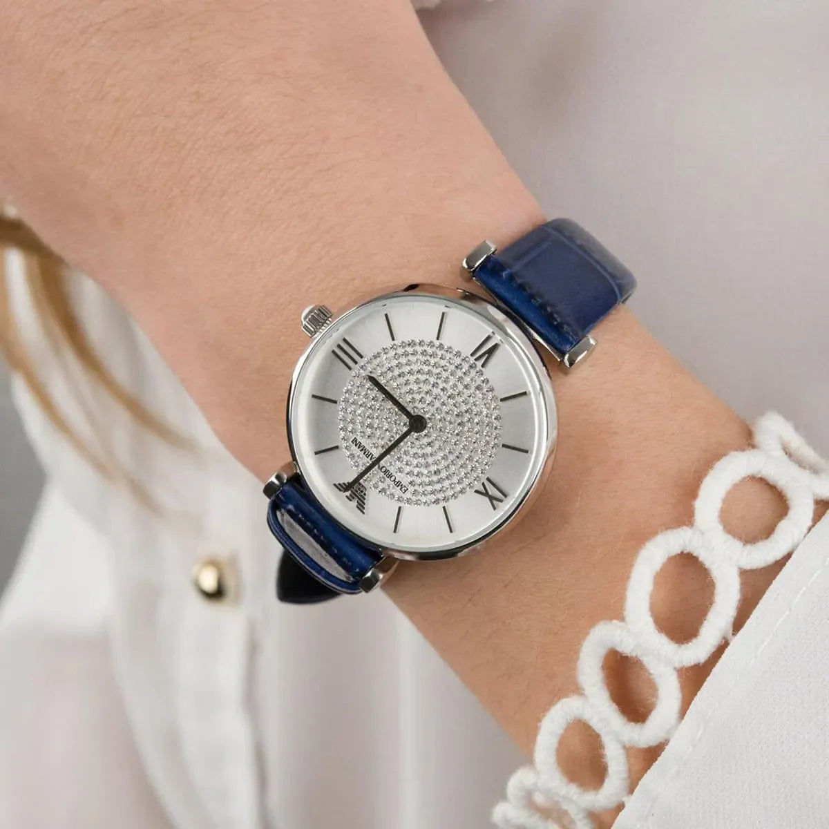  Shop Authentic Emporio Armani Gianni T Bar Quartz Crystals Silver Dial Blue Leather Strap Watch For Women - AR11344 - Luxxuri