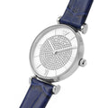  Shop Authentic Emporio Armani Gianni T Bar Quartz Crystals Silver Dial Blue Leather Strap Watch For Women - AR11344 - Luxxuri