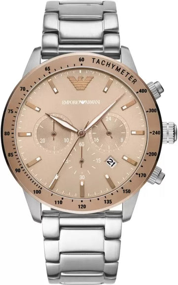  Shop Authentic Emporio Armani Mario Chronograph Beige Dial Silver Steel Strap Watch For Men - AR11352 - Luxxuri