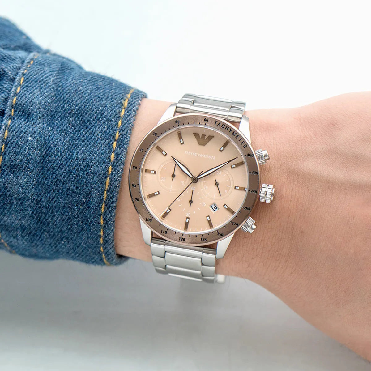  Shop Authentic Emporio Armani Mario Chronograph Beige Dial Silver Steel Strap Watch For Men - AR11352 - Luxxuri