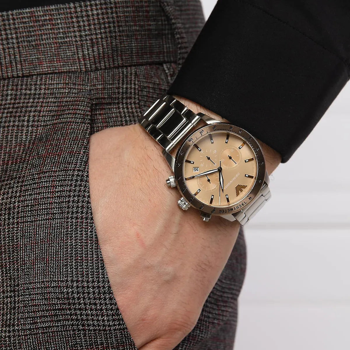  Shop Authentic Emporio Armani Mario Chronograph Beige Dial Silver Steel Strap Watch For Men - AR11352 - Luxxuri