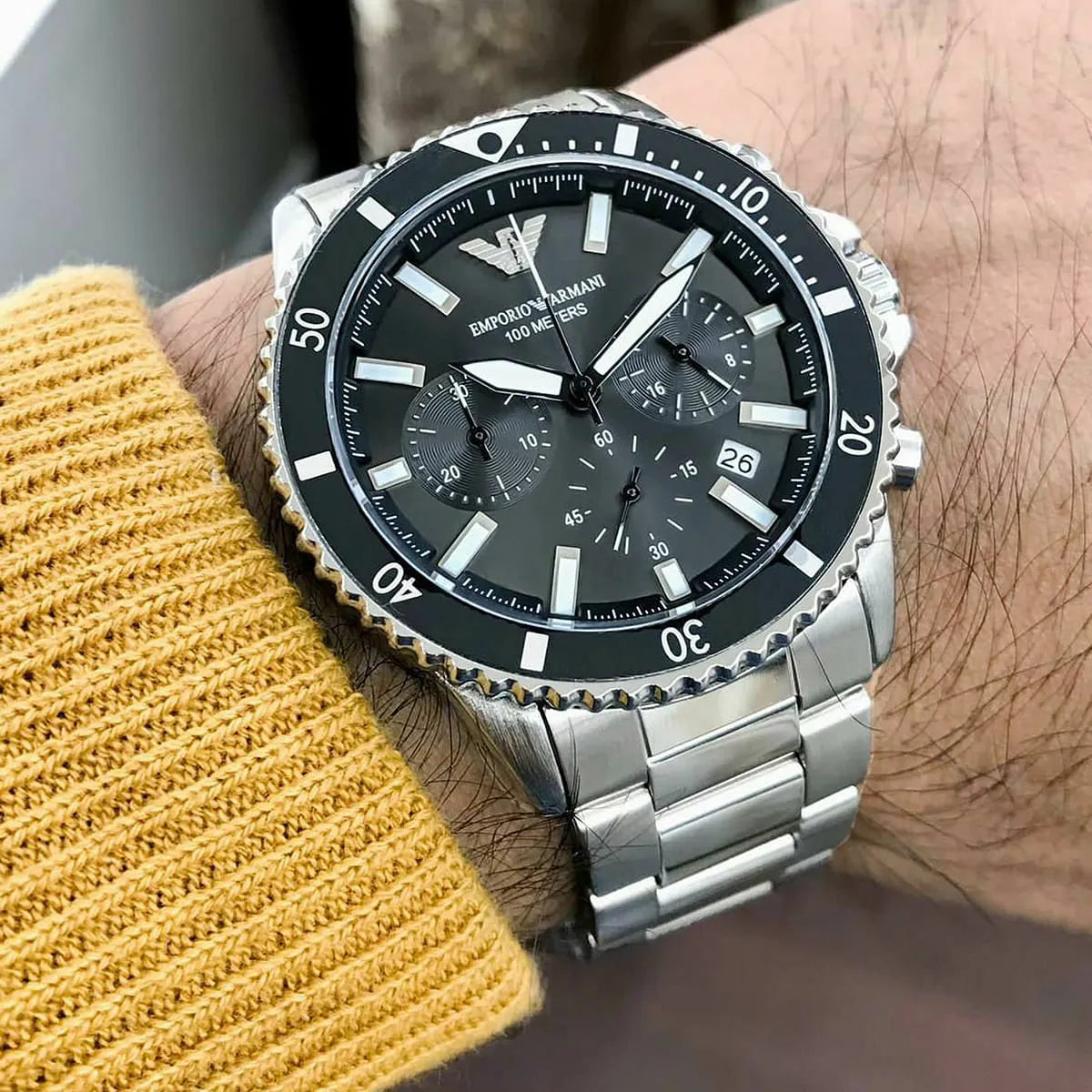  Shop Authentic Emporio Armani Diver Chronograph Quartz Black Dial Silver Steel Strap Watch For Men - AR11360 - Luxxuri