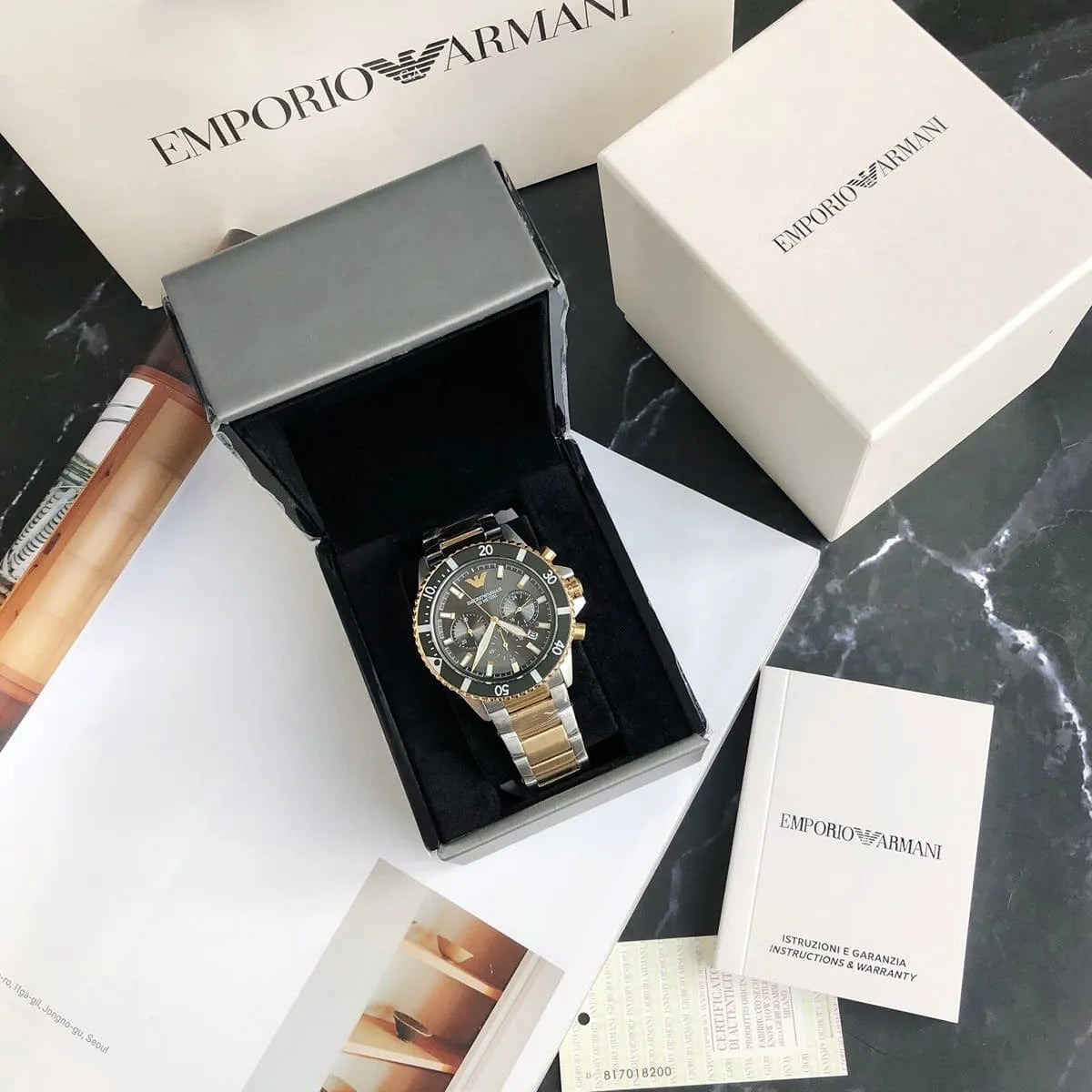  Shop Authentic Emporio Armani Diver Chronograph Green Dial Two Tone Steel Strap Watch For Men - AR11361 - Luxxuri