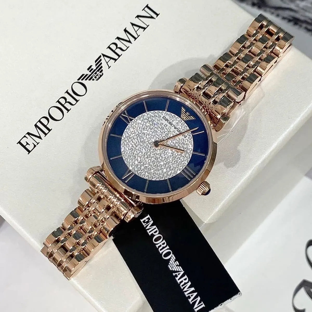 Emporio Armani Gianni T-Bar Quartz Crystals Black Dial Gold Steel Strap Watch For Women - AR11423