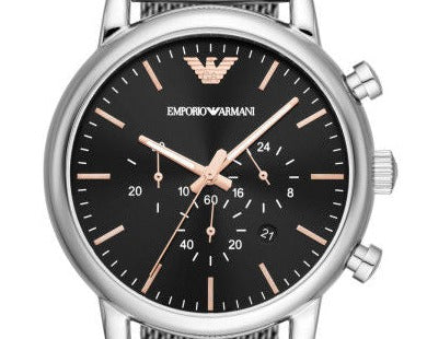Emporio Armani Luigi Chronograph Quartz Black Dial Silver Mesh Bracelet Watch For Men - AR11429