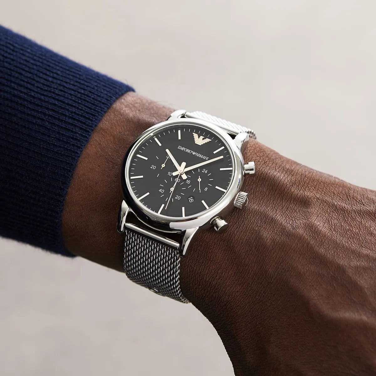  Shop Authentic Emporio Armani Luigi Chronograph Quartz Black Dial Silver Mesh Bracelet Watch For Men - AR11429 - Luxxuri