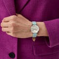 Emporio Armani Gianni T Bar Analog Crystals Silver Dial Blue Leather Strap Watch For Women - AR11443