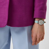 Shop Authentic Emporio Armani Gianni T Bar Analog Crystals Silver Dial Blue Leather Strap Watch For Women - AR11443 - Luxxuri