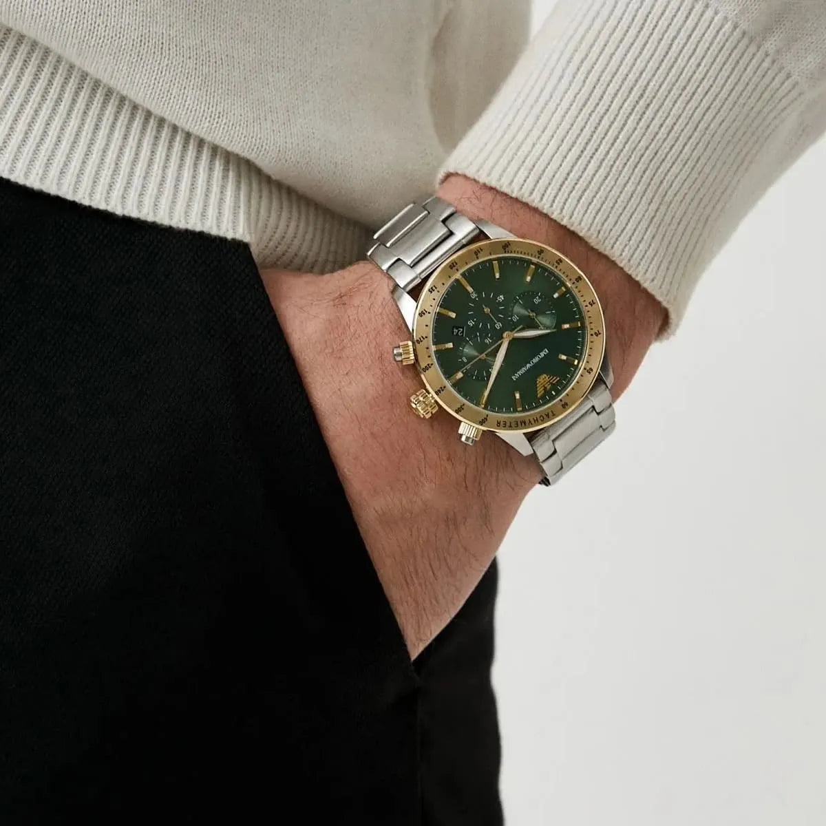  Shop Authentic Emporio Armani Mario Chronograph Green Dial Silver Steel Strap Watch For Men - AR11454 - Luxxuri