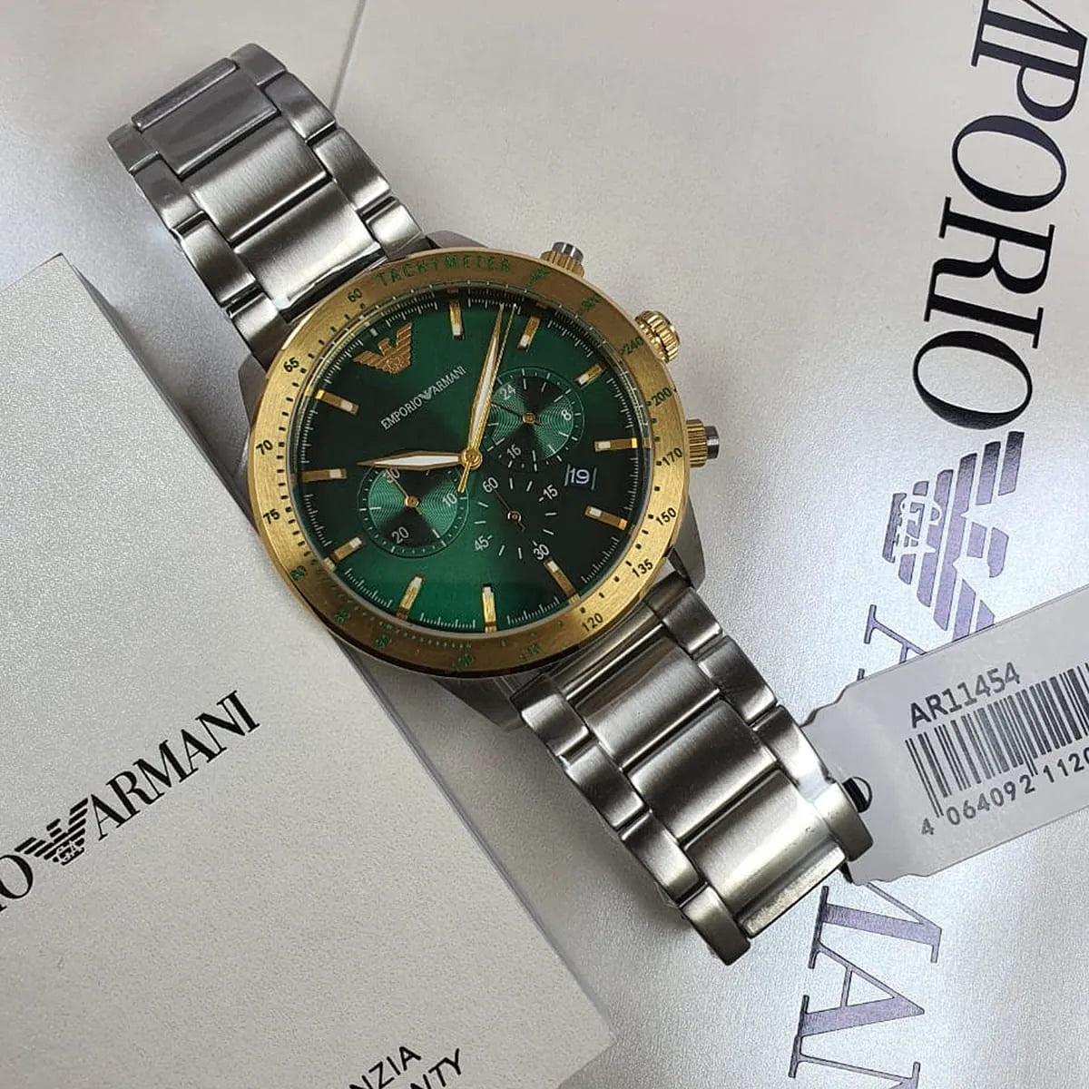  Shop Authentic Emporio Armani Mario Chronograph Green Dial Silver Steel Strap Watch For Men - AR11454 - Luxxuri