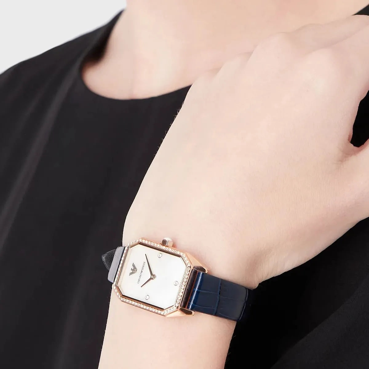  Shop Authentic Emporio Armani Gianni T Bar Quartz Mother of Pearl Dial Blue Leather Strap Watch For Women - AR11466 - Luxxuri