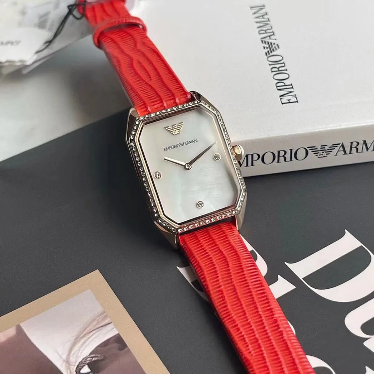  Shop Authentic Emporio Armani Gianni T Bar Two-Hand Mother of Pearl Dial Red Leather Strap Watch For Women - AR11467 - Luxxuri