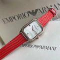  Shop Authentic Emporio Armani Gianni T Bar Two-Hand Mother of Pearl Dial Red Leather Strap Watch For Women - AR11467 - Luxxuri