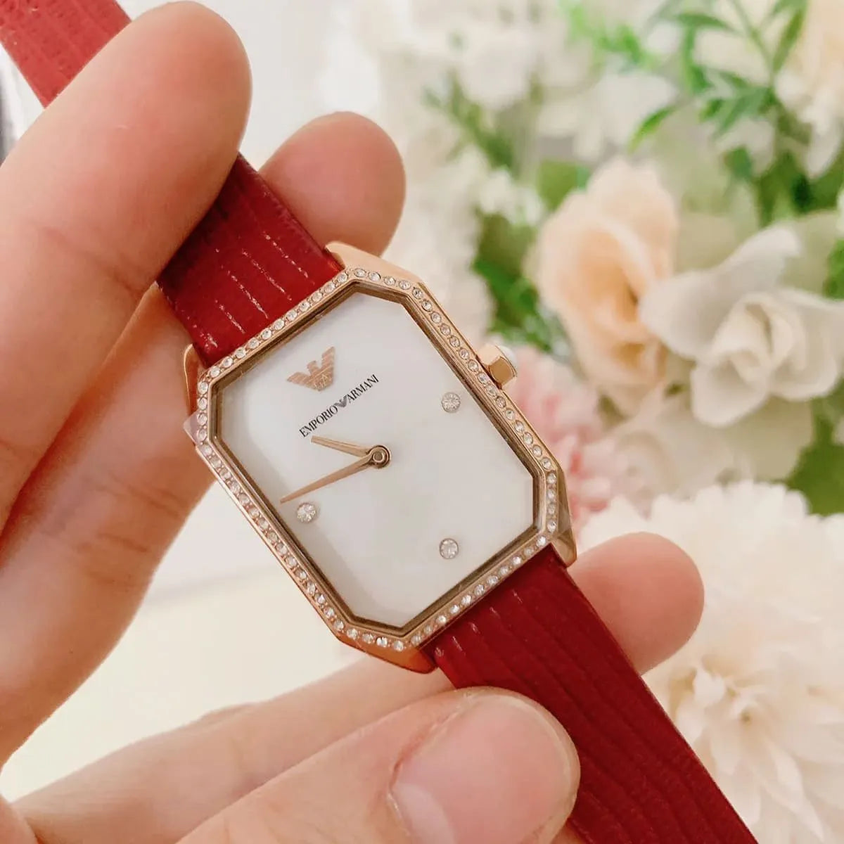  Shop Authentic Emporio Armani Gianni T Bar Two-Hand Mother of Pearl Dial Red Leather Strap Watch For Women - AR11467 - Luxxuri