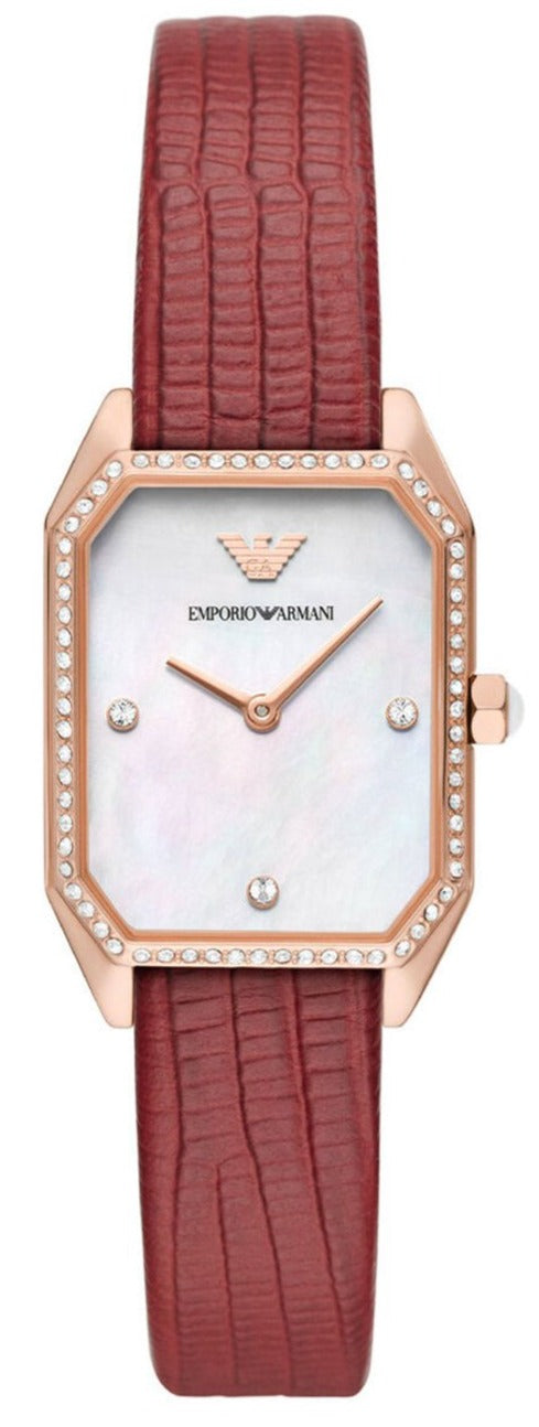  Shop Authentic Emporio Armani Gianni T Bar Two-Hand Mother of Pearl Dial Red Leather Strap Watch For Women - AR11467 - Luxxuri