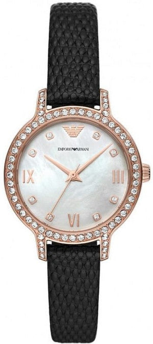  Shop Authentic Emporio Armani Cleo Three-Hand Mother of Pearl Dial Black Leather Strap Watch For Women - AR11485 - Luxxuri