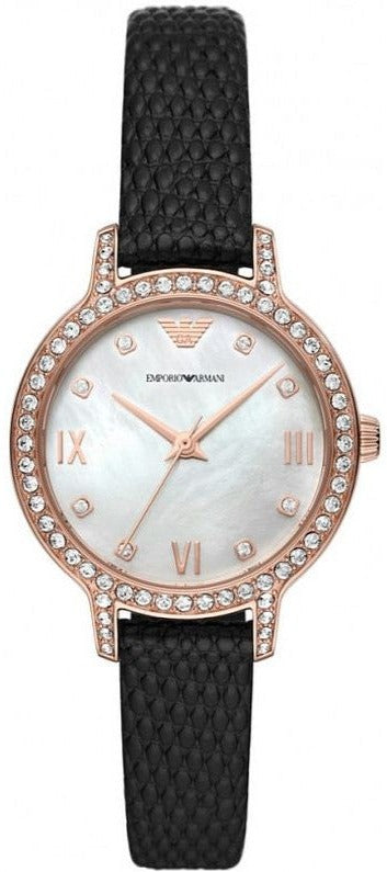 Shop Authentic Emporio Armani Cleo Three-Hand Mother of Pearl Dial Black Leather Strap Watch For Women - AR11485 - Luxxuri