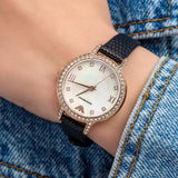  Shop Authentic Emporio Armani Cleo Three-Hand Mother of Pearl Dial Black Leather Strap Watch For Women - AR11485 - Luxxuri