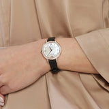  Shop Authentic Emporio Armani Cleo Three-Hand Mother of Pearl Dial Black Leather Strap Watch For Women - AR11485 - Luxxuri