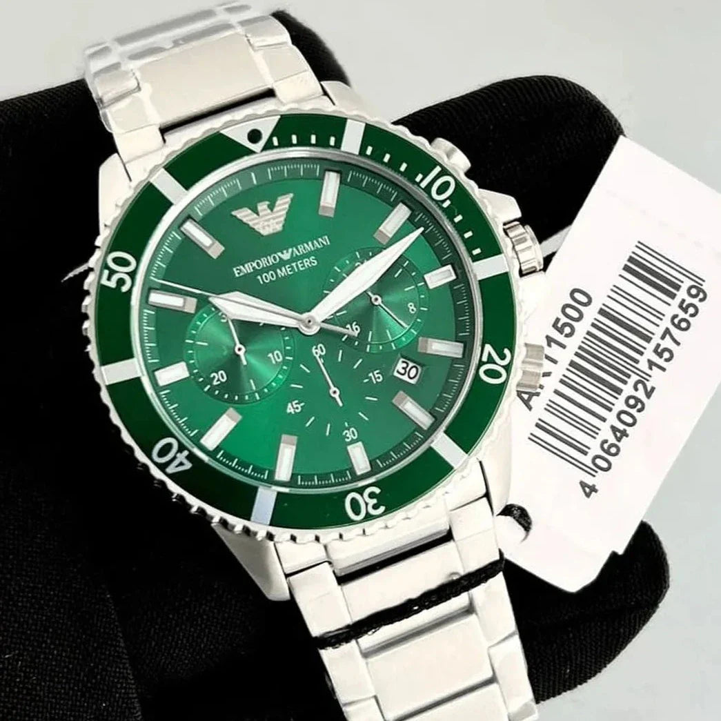  Shop Authentic Emporio Armani Diver Chronograph Green Dial Silver Steel Strap Watch For Men - AR11500 - Luxxuri