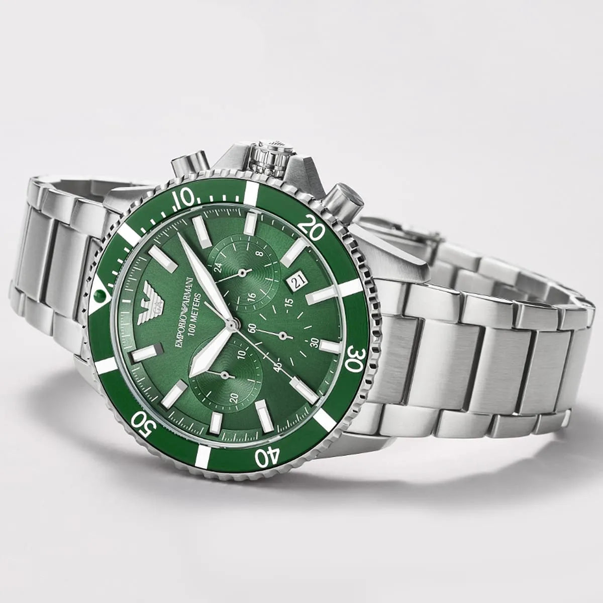  Shop Authentic Emporio Armani Diver Chronograph Green Dial Silver Steel Strap Watch For Men - AR11500 - Luxxuri