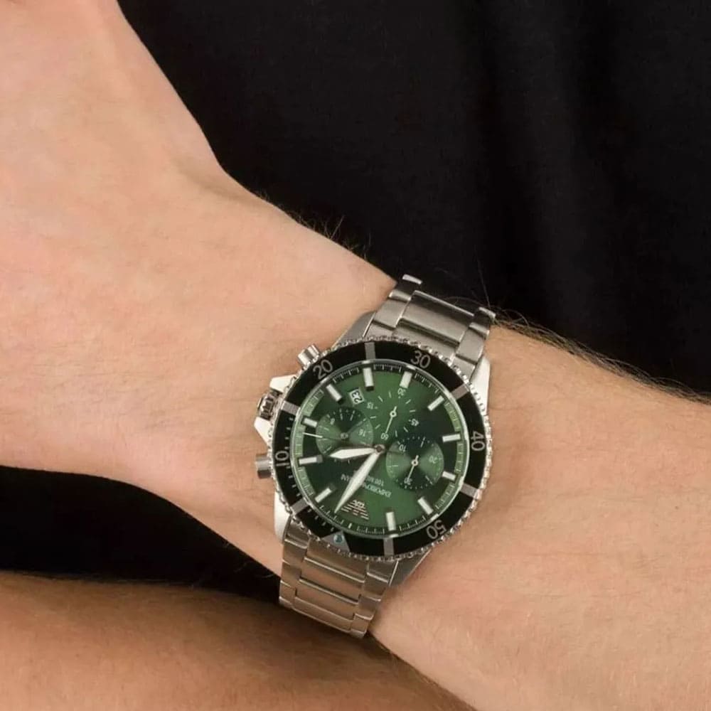  Shop Authentic Emporio Armani Diver Chronograph Green Dial Silver Steel Strap Watch For Men - AR11500 - Luxxuri