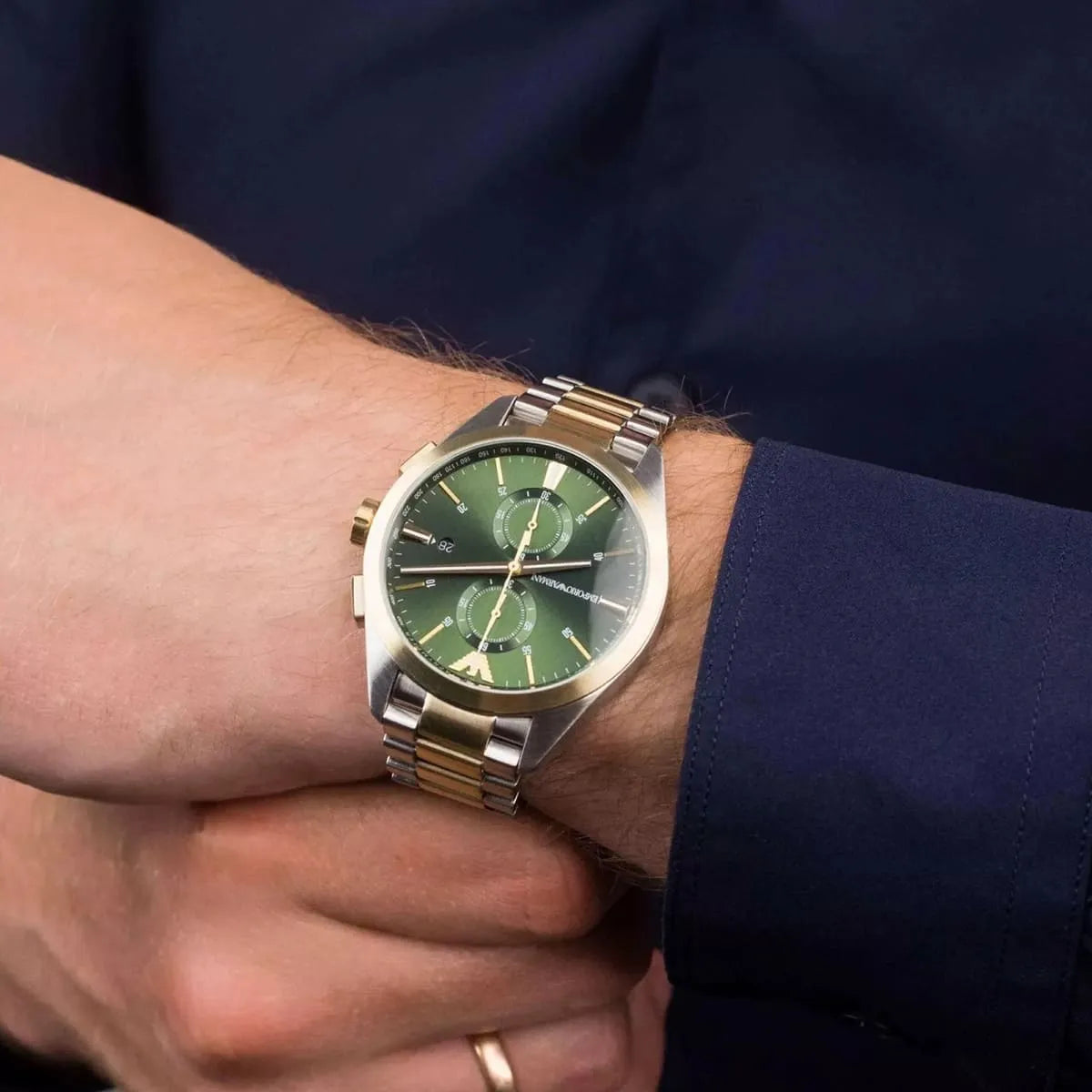  Shop Authentic Emporio Armani Claudio Chronograph Green Dial Two Tone Steel Strap Watch For Women - AR11511 - Luxxuri