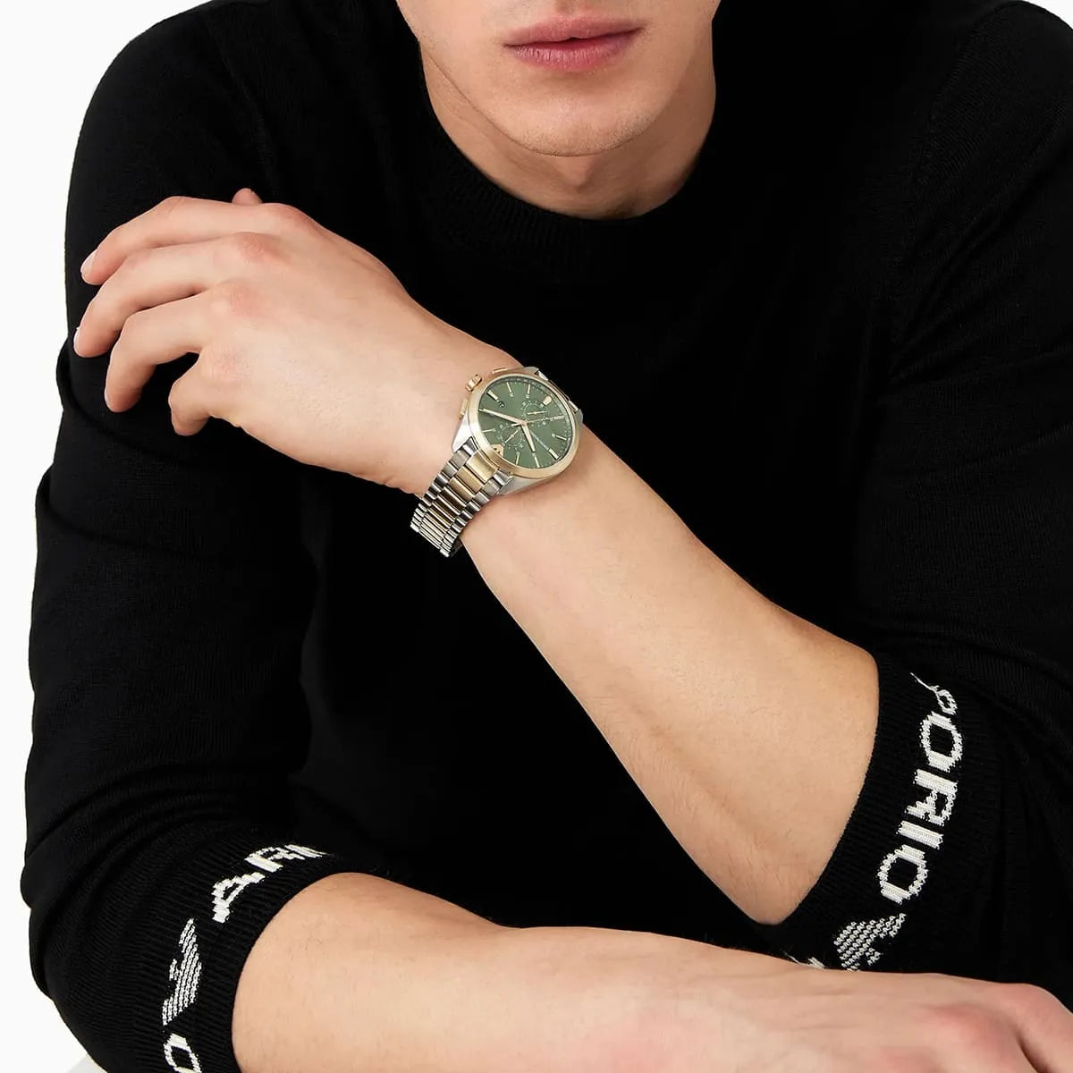  Shop Authentic Emporio Armani Claudio Chronograph Green Dial Two Tone Steel Strap Watch For Women - AR11511 - Luxxuri