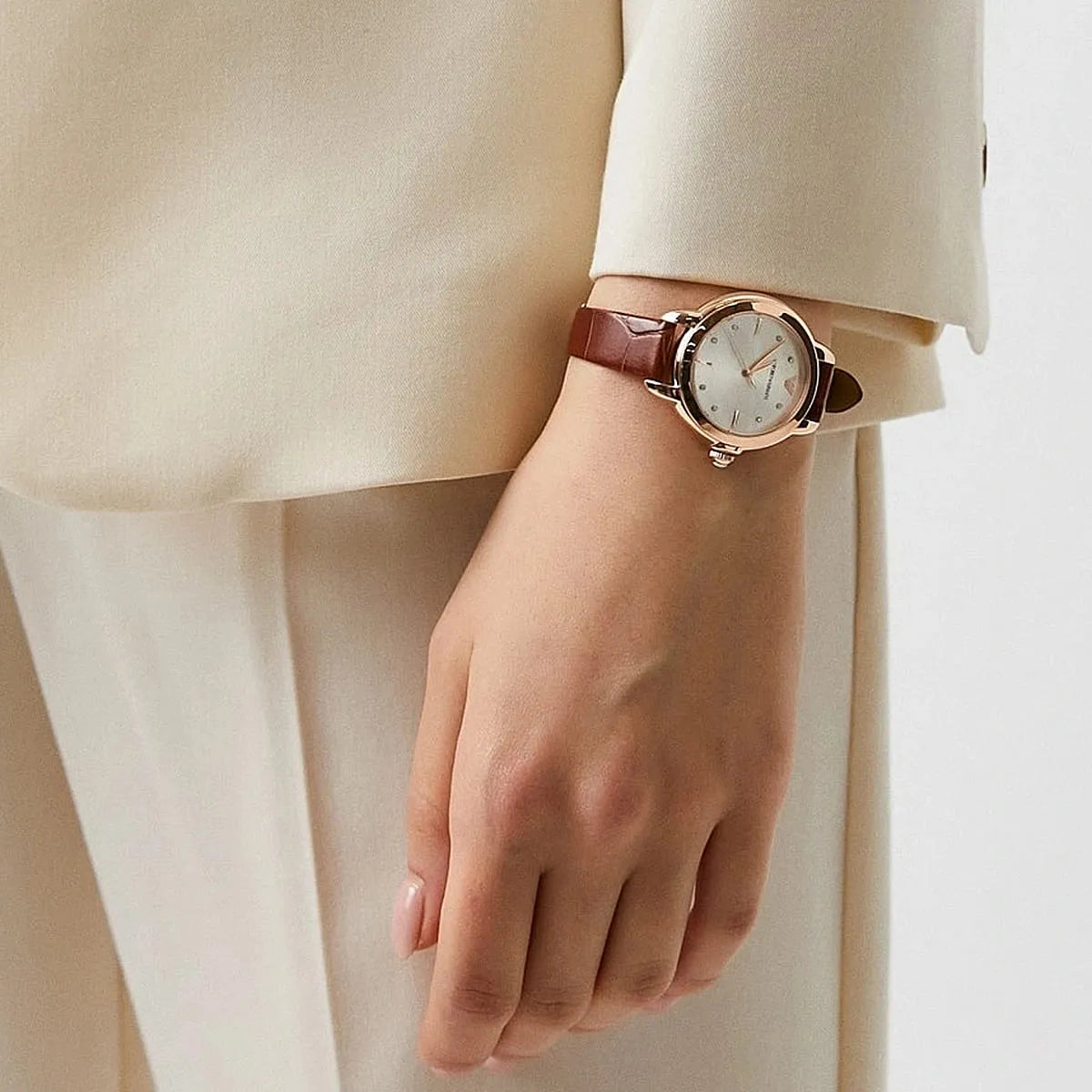 Emporio Armani Mia Quartz Silver Dial Brown Leather Strap Watch For Women - AR11525