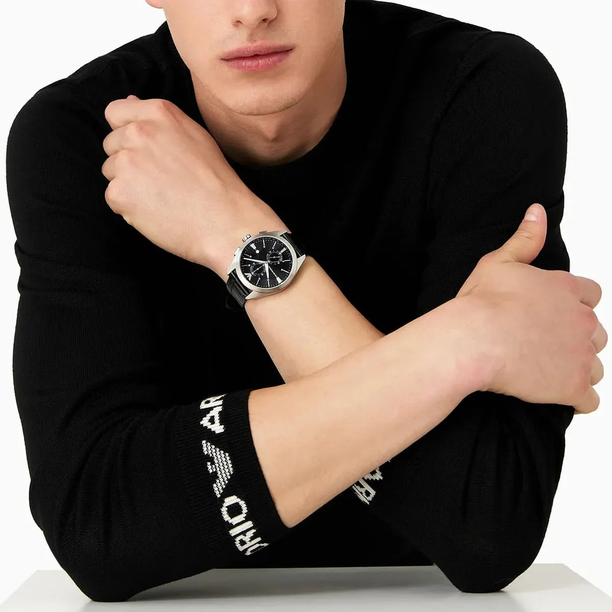  Shop Authentic Emporio Armani Claudio Chronograph Black Dial Black Leather Strap Watch For Men - AR11542 - Luxxuri